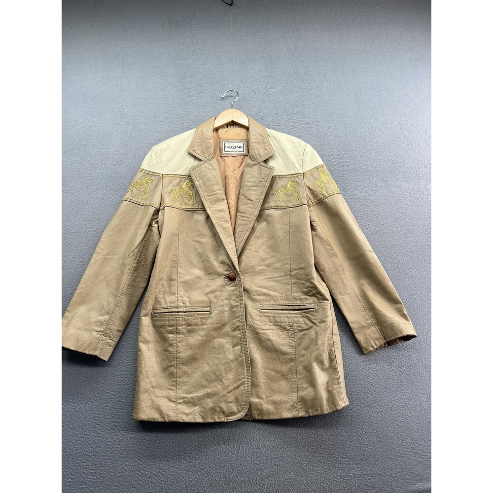 Braefair Blazer Womens 10 Beige Leather Embroidered Zebra Equestrian Jacket